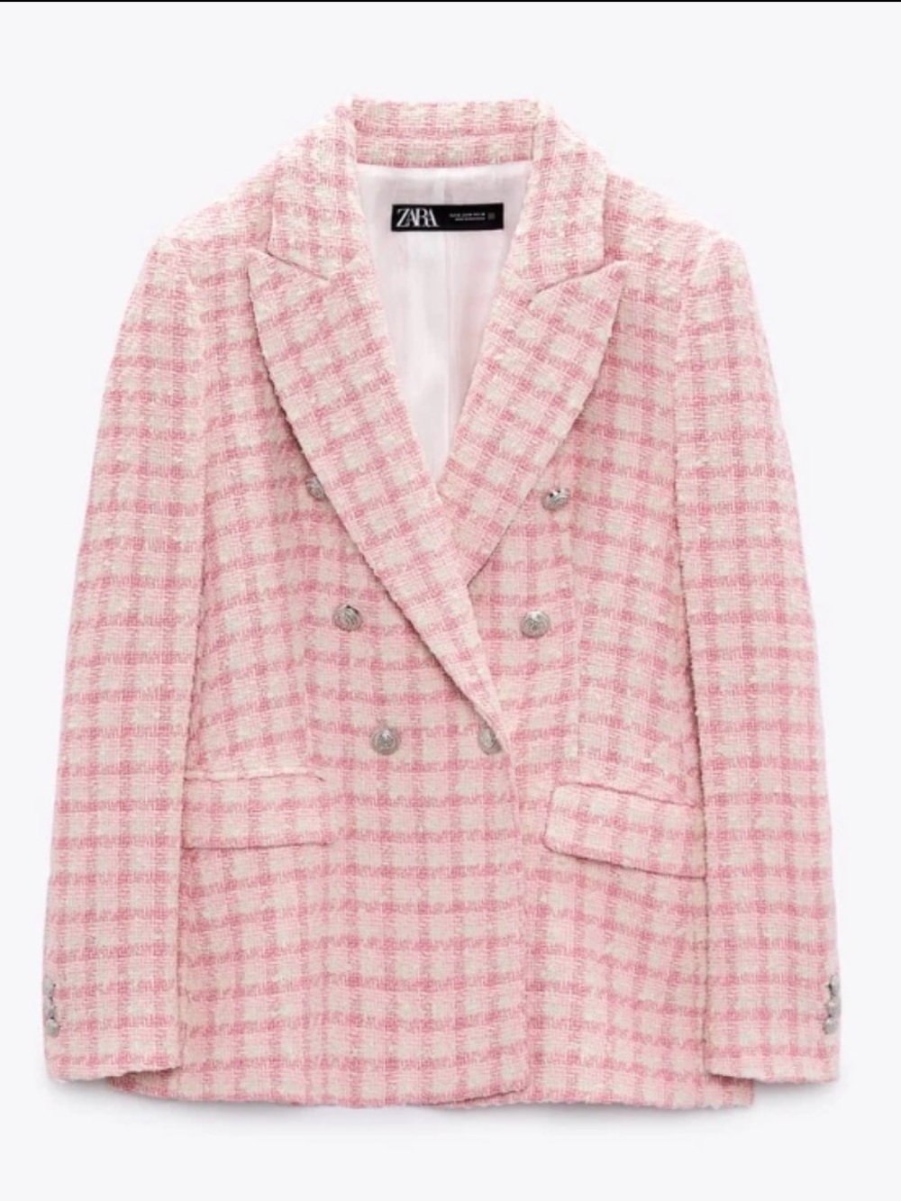 Zara Sz XL Tweed Pink White Double Breasted Gold Button Blazer